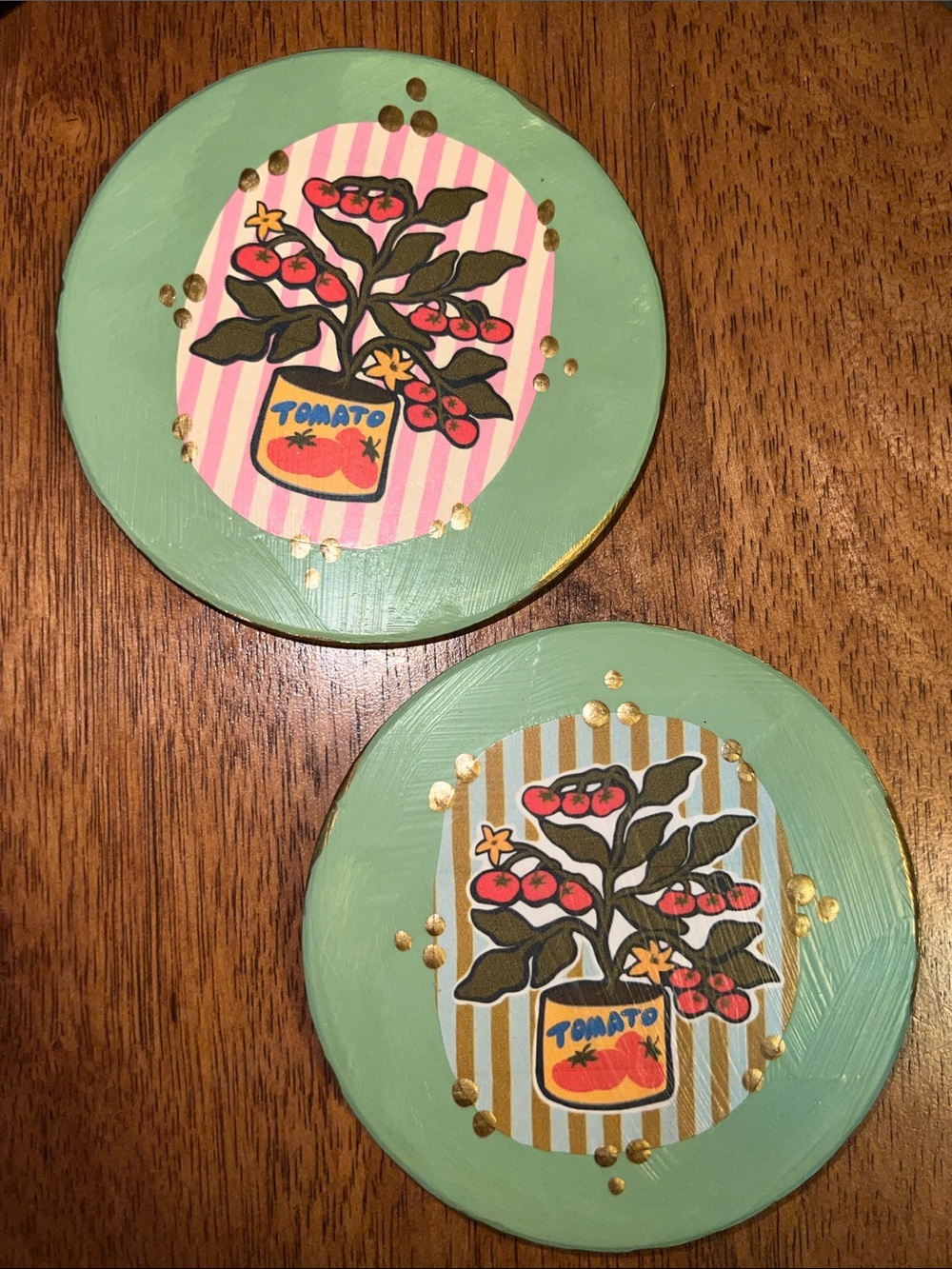 Hand-Painted Tomato Plant Coasters in Mint Green set of 2